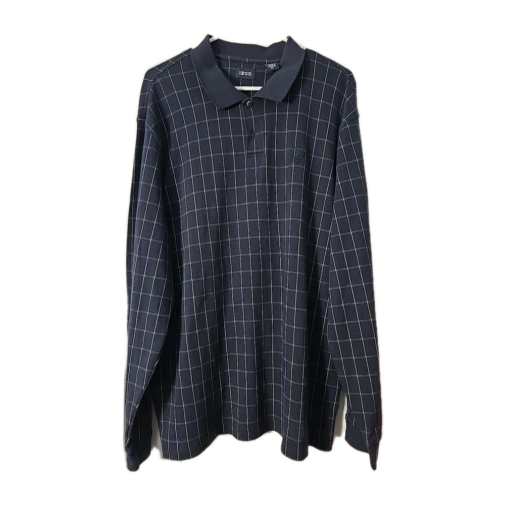 Izod Polo Shirt Mens Size‎ XXL Dar Grey Plaid Long Sleeve Collared Cotton